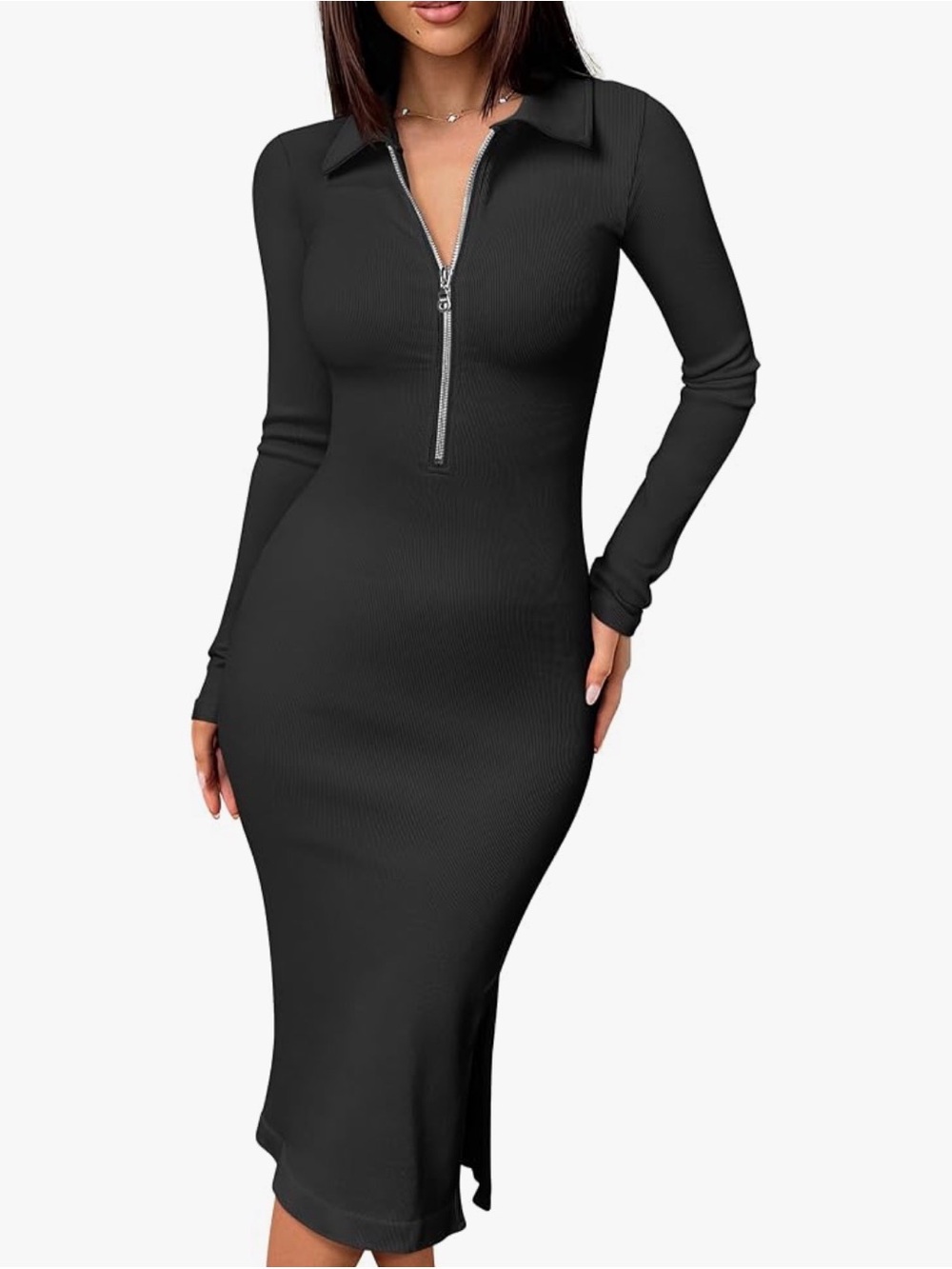OQQ Long Sleeve Zip-Front Ribbed Bodycon Midi Dress.